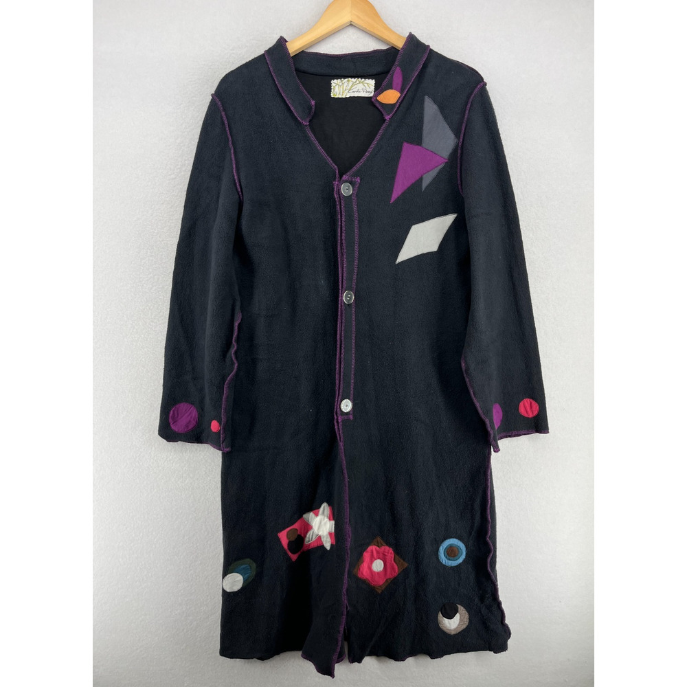 CAROLE WANG Coat L Abstract Art Patchwork Fleece Duster Cardigan Black USA VTG
